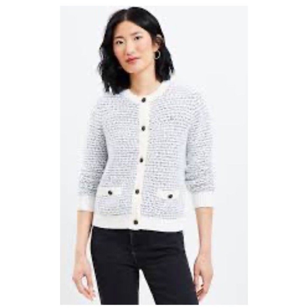 Loft Marked Tweed Button Front Cardigan Size Large White/black Business Casual